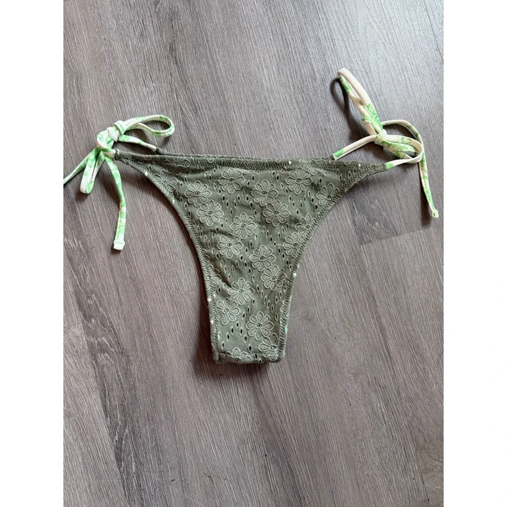 Aerie Real Good Cheekiest Bikini Bottom Olive Green Eyelet Floral Side Tie XS